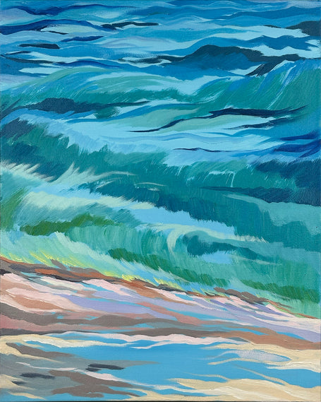 Artistic depiction of ocean waves with a focus on blue and green colors.