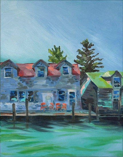 Painting of a waterfront scene with houses and a dock.