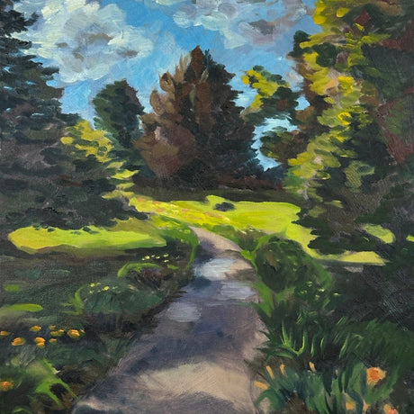 Painting of a garden path with trees and flowers under a blue sky with clouds.