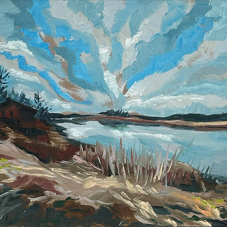 Painting of a landscape with a house, and body of water under a blue sky.
