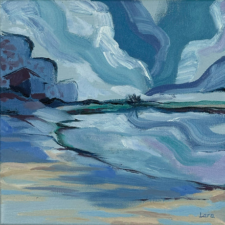 Painting of a landscape with mountains and water, using a limited color palette.