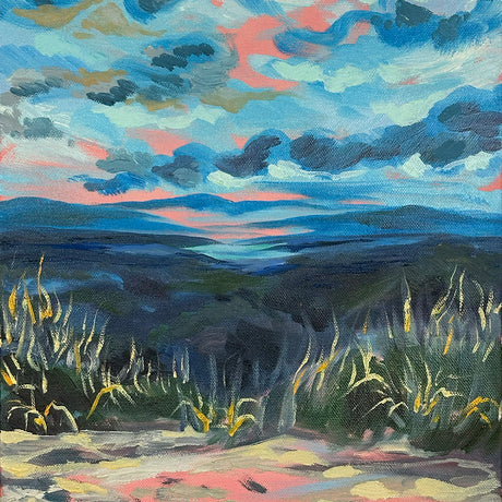 Painting of a landscape with a colorful sky and grassy foreground