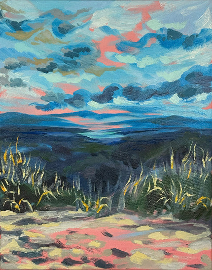 Painting of a landscape with a colorful sky and grassy foreground