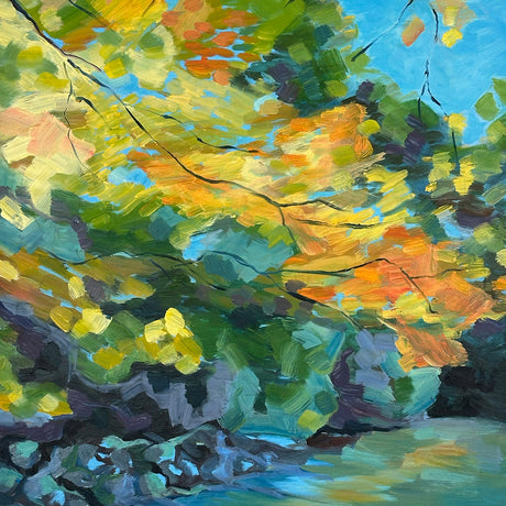 Painting of autumn foliage over a body of water