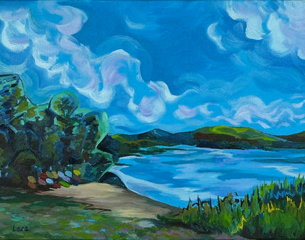 Painting of a landscape with a lake, trees, and a blue sky with clouds.